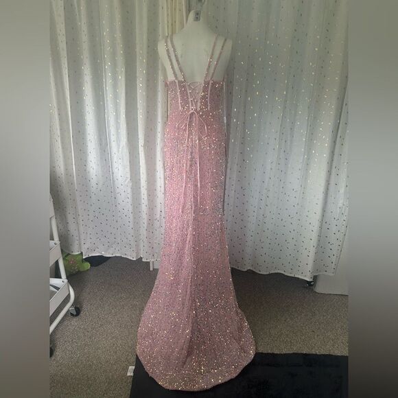 Lavetir NWT Sequin Velvet Corset Lace Up Back High Side Sexy Slit Prom Dress 4 - Picture 5 of 10